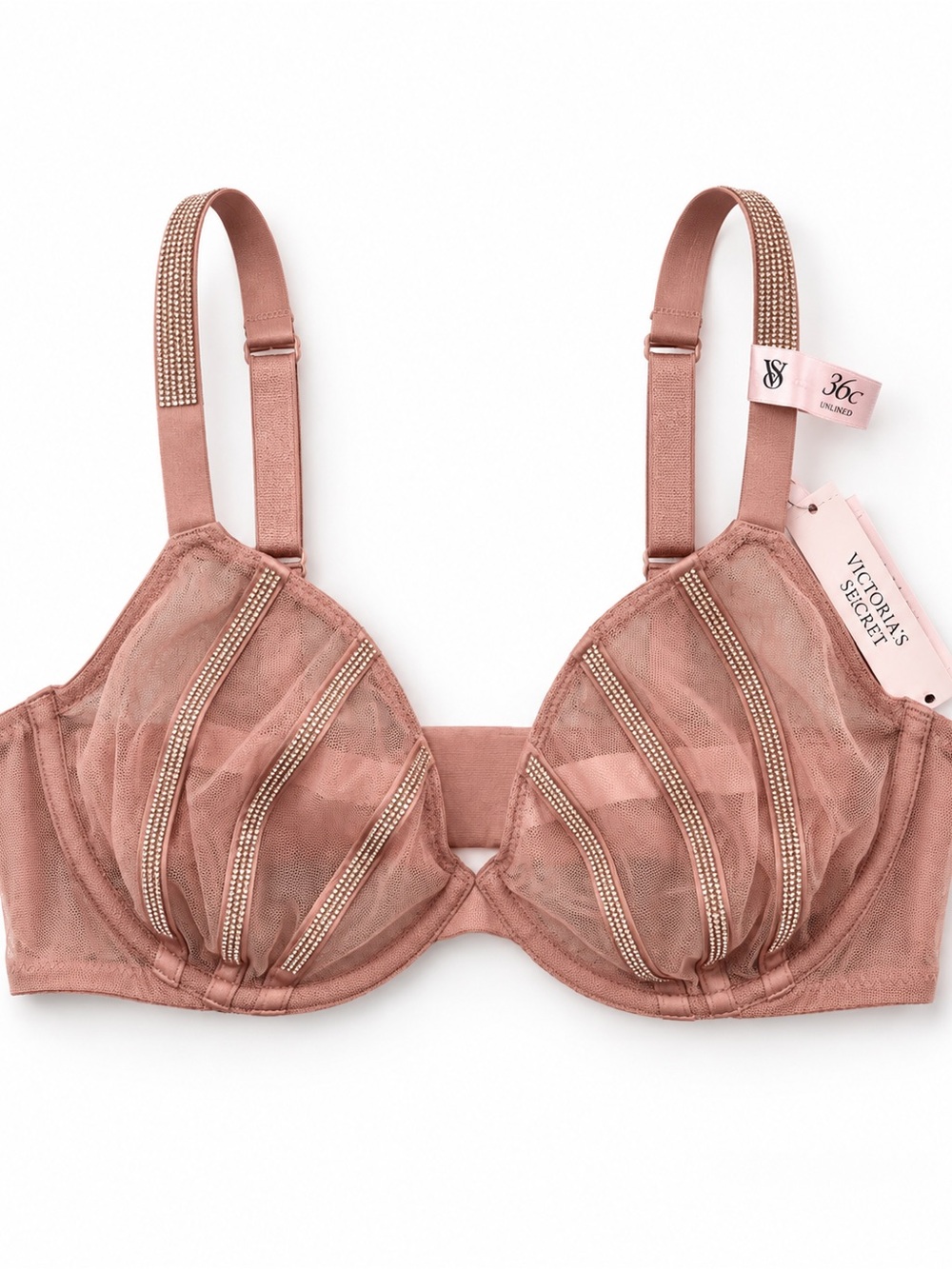 🪽Victoria’s Secret Pink Rhinestone Embellished Sheer Mesh Bra 36C NWT